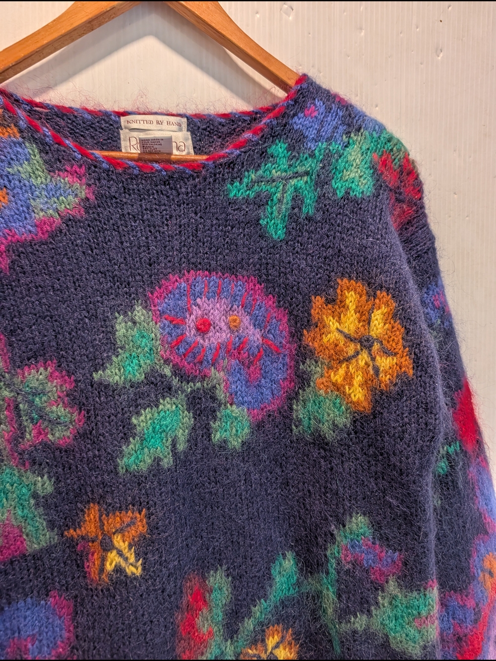 ROSANNA Hand Knitted Bohemian Navy Floral Paisley Mohair Crewneck Sweater Medium - Picture 2 of 11